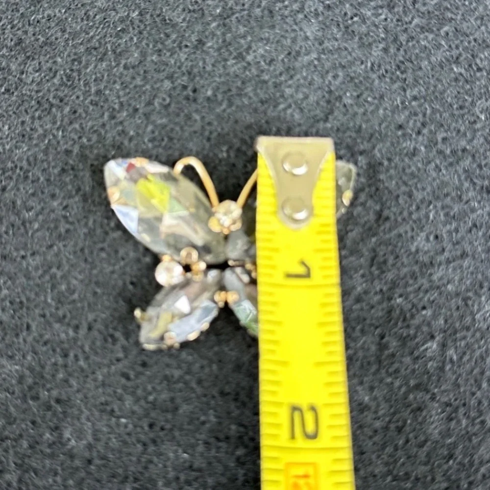 Vintage Gold Tone Smoky Grey Rhinestone‎ Butterfly Charm Brooch Accent